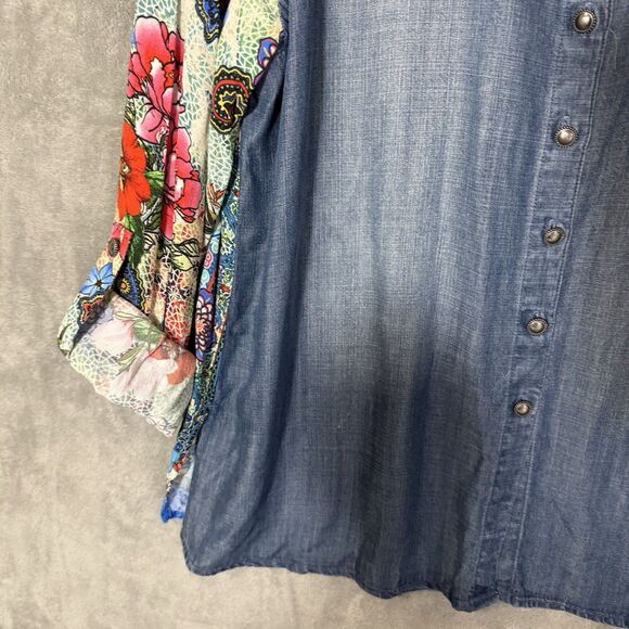 John Mark Top PM Petite Mixed Media Floral Long Sleeve M Boho Roll Tab Sleeve - Picture 8 of 8